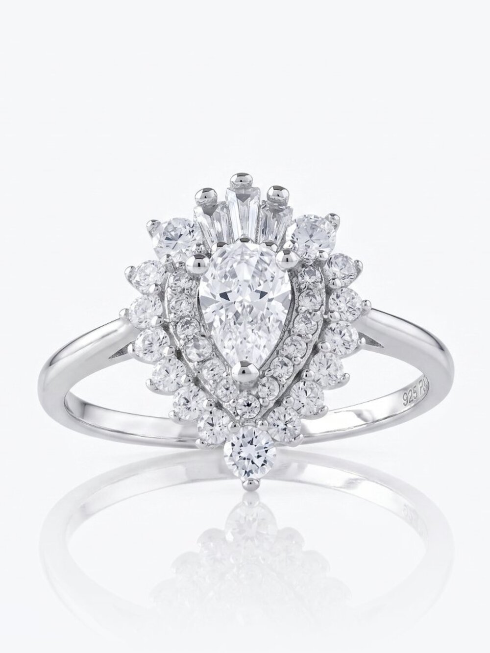 Pear Shaped Double Halo Ring, 925 Sterling Silver, Art Deco inspired